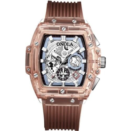 Fashion Casual Quartz Watches for Men Chronograph Mens Sport Wristwatch Waterproof Transparent Tonneau Silicone Bracelet Watch