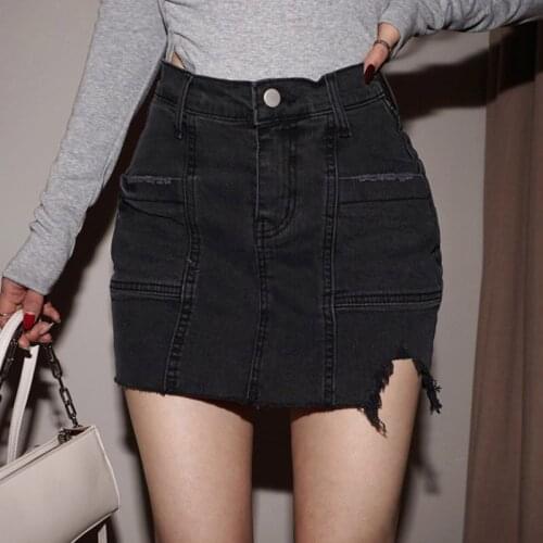 Harajuku Skinny Ripped Jeans Skirts Summer Plus Size 2021 South Korea Black Denim Skirt Push Up Hip Slim High Waist Hakama Women