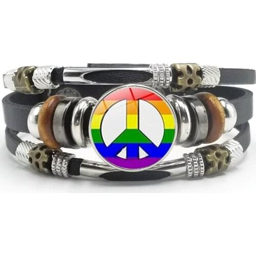 Gay Lesbian Pride Rainbow Glass Dome Leather Bracelet with Glass Convex Dome Snap Button Mens Bracelet Jewelry