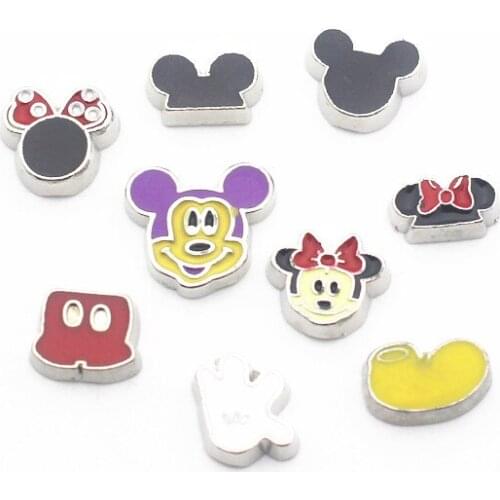 Mixs 50pcs/lot Metal Enamel Silver Mickey Cartoon Floating Charms For Living Glass Floating Lockets Necklace Bracelet Jewelry