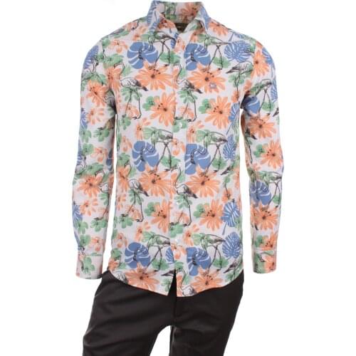 Gentilbay Mens Flamingo Flower Digital Printed Orange Slimfit Long-Sleeve Sport Shirt DPD123