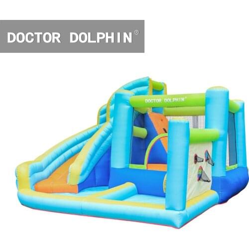 Doctor Dolphin Inflatable Bouncer Silde Jumping House with Water Spray/Pool/Climbing Wall/Basketball Rim (3.6x3.4x2.18m)