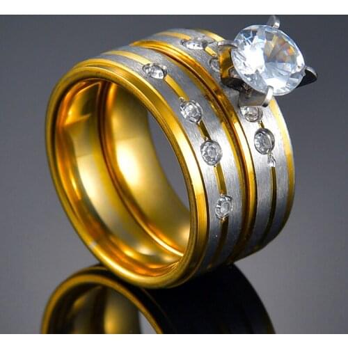 Charm Bridal Sets Zircon Gold Color Stainless Steel Lovers Ring 2pcs/Set Jewelry Men Women Wedding Engagement Couples Rings Band