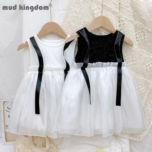 Mudkingdom Toddler Vest Dress Sleeveless Crew Neck Ribbon Mesh Patchwork Princess Dresses for Little Girls Summer kids Clothes