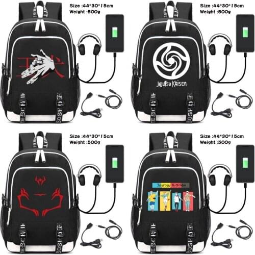 Jujutsu Kaisen Casual USB Charging Headphone Canvas Backpack Cartoon Travel Laptop Bag Teenager Zip Schoolbag Student Packsack