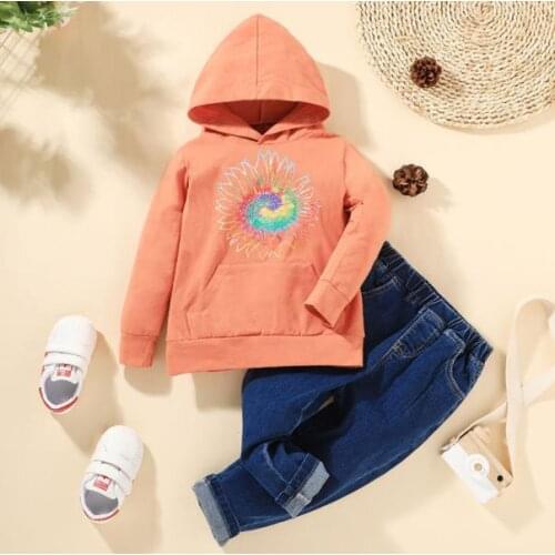 Girls Casual Two-piece Clothes Set Childrens Clothing Orange Sunflower Printed Pattern Hooded Pullover and Jeans Childrens Set