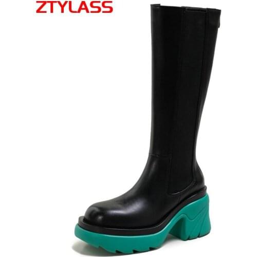 Fashion Mixed Colors Leather Women Boots Thick High Heel Knee High Boots Ladies Zipper Round Toe Autumn Winter Long Boots