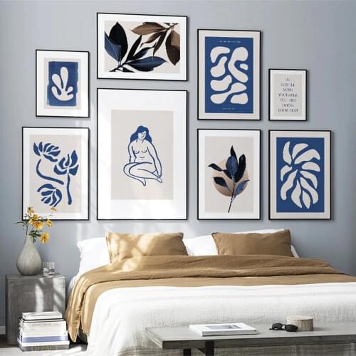 Nordic Blue Style Botanical Abstract Nude Woman Simple Canvas Painting Art Print Poster Picture Wall Living Room Bedroom Decor
