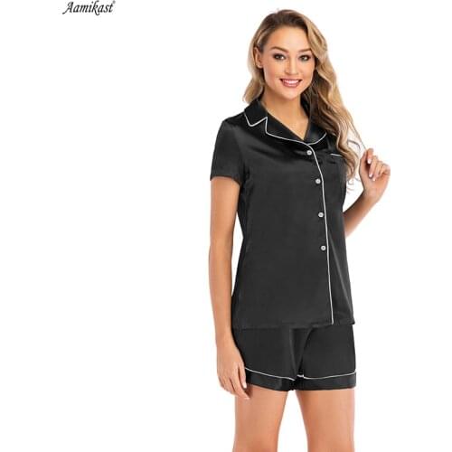 Aamikast 2019 Summer Pajamas for Women Satin Pj Sets Button Sleepwear Short Sleeve Silky Pyjama