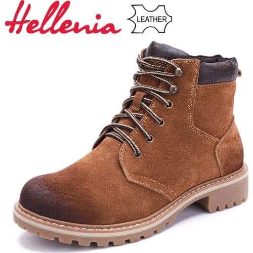 Hellenia New Winter Boots Cow Suede leather Ankle shoes Female Lace-Up boot Navy Tan Grey Colors Warm Fur Rounded Toe Light shoe