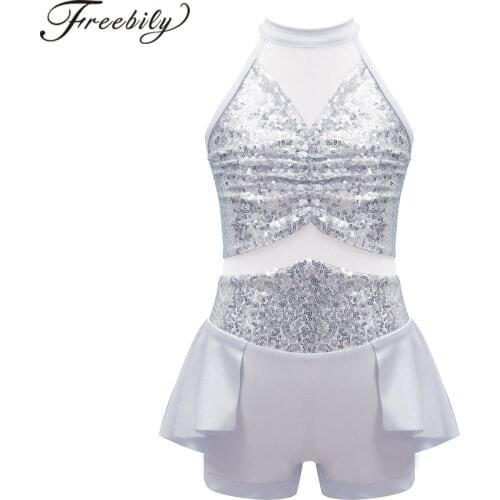Girls Ballet Leotards Sequins One-Piece Dancewear Halter Sleeveless Backless Ballet Gymnastics Leotard Dress Jazz Dance Costumes