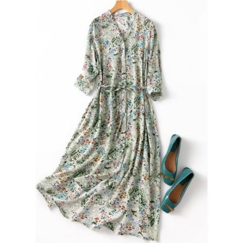 2021 summer womens fashion fashion Franc French romantic printing silk long dress one piece