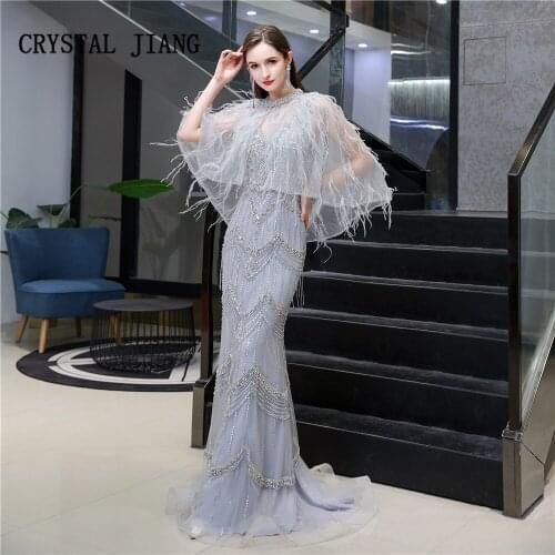 New Fashion 2020 Sexy V Neck Feather Evening Dress Heavy Beaded Trumpet Party Gown with Jacket Long Evening Dresses