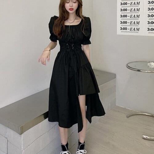 Puff Short Sleeve Summer Dress Bandage Square Collar Ruffle Elegant Irregular Hem Loose Women Dresses Harajuku Folds Streetwear