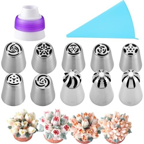 10PCS Russian Icing Piping Nozzles Tips Pastry Cream Nozzles Cupcake Decorating Tips Set Confectionery Equipment With Pastry Bag
