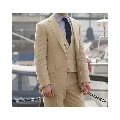 ANNIEBRITNEY Latest Coat Pant Designs Champagne Khaki Linen Beach Men Suit Slim Fit Formal Tuxedo Custom Groom Wedding Suits Set