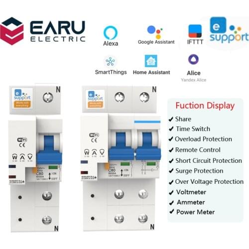 EWelink 1/2P 10-100A 220V Smart WIFI Circuit Breaker Switch Power Energy Consumption kWh Meter Voltmeter Ammeter Voltage Monitor