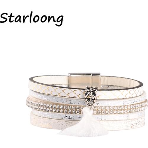 New fashion multi-layer black white PU leather bracelet rhinestone beads tassels magnetic clasp women wrap bijoux Bracelet