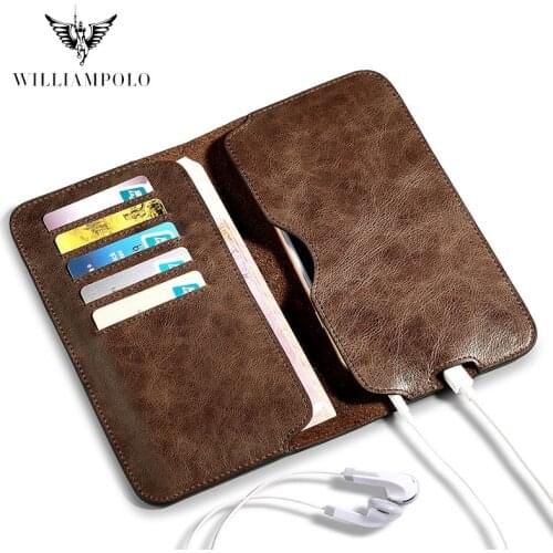 WILLIAMPOLO Wallet With Phone Holder Fit iPhone 11 Pro Genuine Leather With 5 Card Holders With Charger Hole Wallet Case PL181