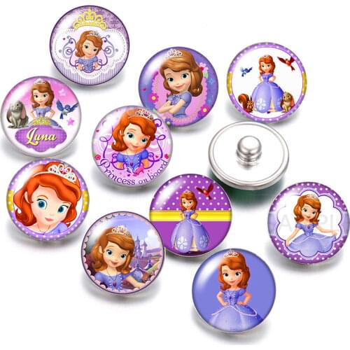 Disney Princess Sofia Girls gift 10pcs Round photo glass cabochon 18mm snap buttons for 18mm snap bracelets jewelry wholesale