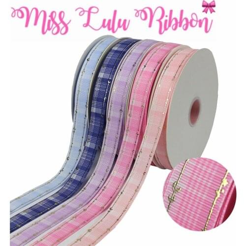 1"25mm Double Face Moon Gold Foil Colorful Check Printed Grsograin Ribbon DIY Wedding Party Decor Hair Bowknows 50yards/roll