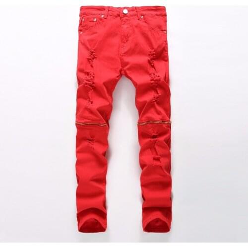 Fashion Ripped Straight Jeans 5 Color Men Slim Printed Mens Tide Brand Hole Denim Fabric Hip Hop Pants Casual Male trous