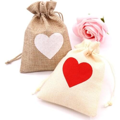 50pcs/lot 10x14cm 13x18cm Heart Design Jute Bags Small Drawstring Gift Bag Linen Storage Bags Jewelry Candy Gifts Packaging Bags