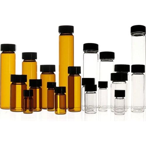 20pcs/lot 3ml 5ml 10ml 15ml 20ml 30ml 40ml 50ml (Clear/ brown) Glass Seal Bottle Reagent Sample Vials With Plastic Lid Screw Cap