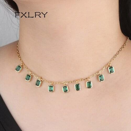 FXLRY Elegant Gold Color Plated Zircon Chain Choker Necklace Charm Green Geometry Pendent Necklace For Women fashion Jewelry