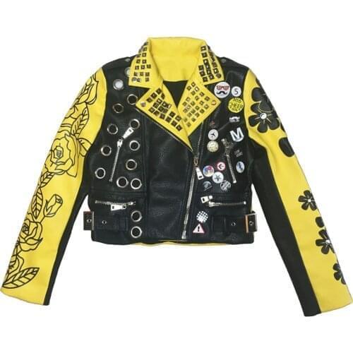 Fashion brand rivet beading Graffiti pu leather jacket Badge Punk Motorcycle Streetwear female Yellow Leather Jackets and Coats