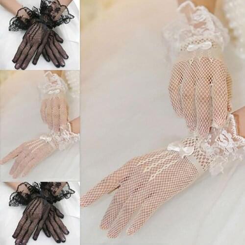 Summer Gloves Lace Mesh Bowknot Bride Full Finger Gloves Dress Accessories Elastic Thin Breathable Short Mittens Black White