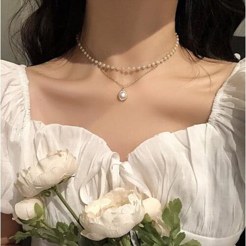 2020 New Double layer New Chain Gold Choker Necklace Women Korean Style Pearl Pendant Necklace Fashion Jewelry Collar