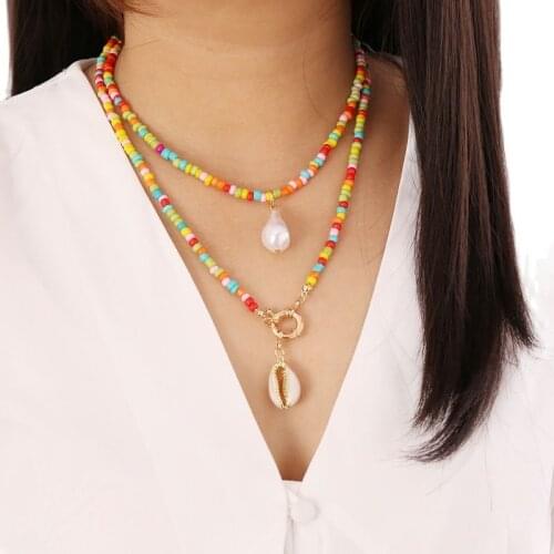 Boho Style Pearl Rainbow Rice Bead Shell Necklace Female Japanese and Korean Trend Fashion Temperament Clavicle Chain
