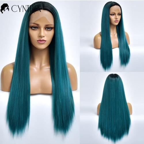 Long Green Silky Stright Synthetic T Part Lace Front Wigs For Black Women Ombre Natural Fiber Female Hair Heat Resistant Wig