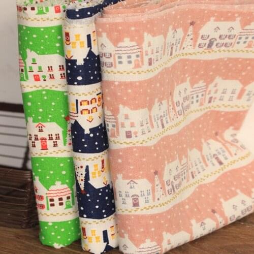 Merry Christmas Snowing House Printed Cotton Linen Fabric 50x145cm For DIY Sewing Party Home Decoration