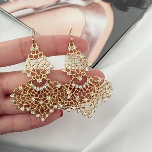 Bohemia Gold Or Hematite Color Plating Clear Stone Paving Filigree Drop Earrings For Women Girl Casual Pretty Party Accessory