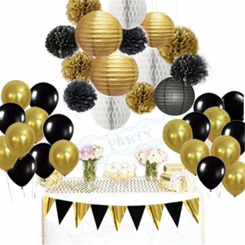 1 Set Mixed Black Gold Banner White Paper lantern Tissue Pom poms Honeycomb Balls Balloons Birthday Graduation Party Decor