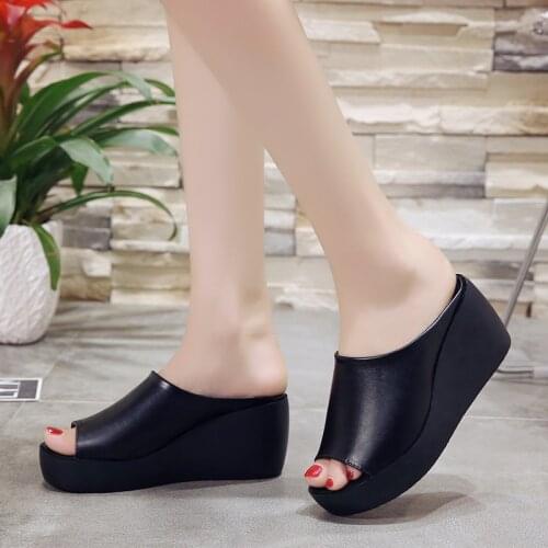 Lucyever 2019 Women Summer Casual Slides Women Platform Wedges Fish Mouth Sandals White Black Thick Bottom Ladies Slippers
