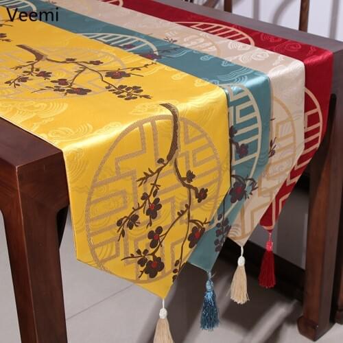 Chinese Style Plum Blossom Embroidery Table Runner Plant Flower Ink Green Table Flag Cover Decor for living Room with Tassels