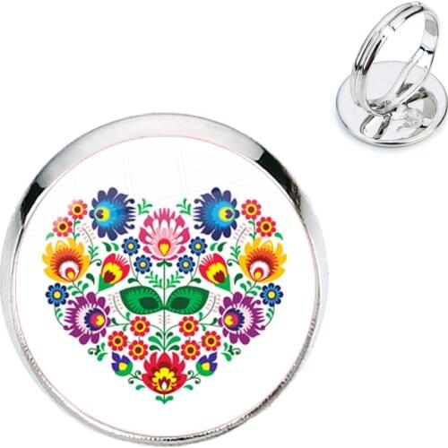 Ethnic Polish Folk Art Pattern Glass Rings Bohemia Fashion Flower Print Round Jewelry For Women Girls Kid birthday Present