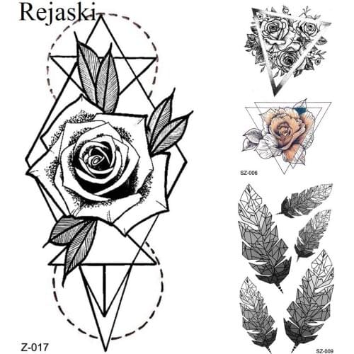 Temporary Women Tattoo Stickers 3D Geometric Line Rose Water Transfer Tatoos Black Triangle Leaves Fake Arm Tattoo Girls Makeup