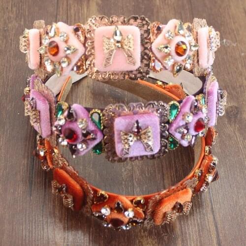 Vintage New Baroque Inlai Shiny Crystal bow Flower Temperament Jewelry Pink Headband Hair Accessories For Womens Wedding Party