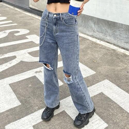 2021 Vintage Denim Pant Women Streetwear Knee Hole Jeans Trousers Chain Design Ripped Jeans for Women HG102