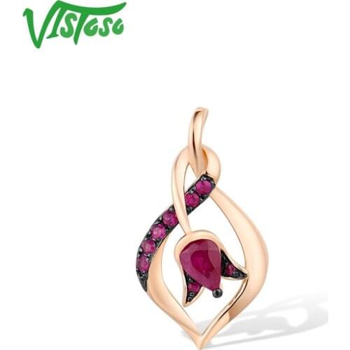 VISTOSO Gold Pendant For Women Genuine 14K 585 Rose Gold Natural Ruby Sparkling Diamond Delicate Tulip Flower Trend Fine Jewelry