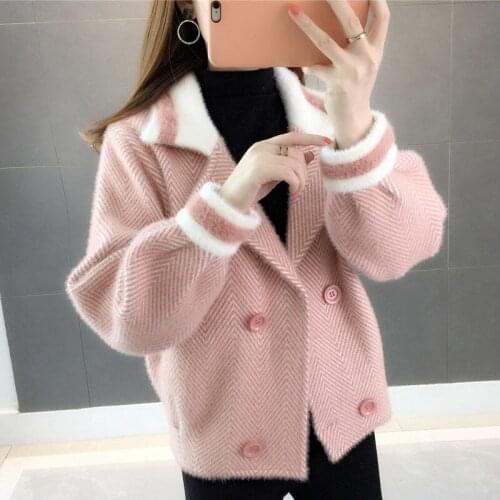 Women 2021 Spring Fashion Imitation Mink Velvet Short Coats Female Sweater Cardigan Jackets Ladies Thick Loose Outerwear M296