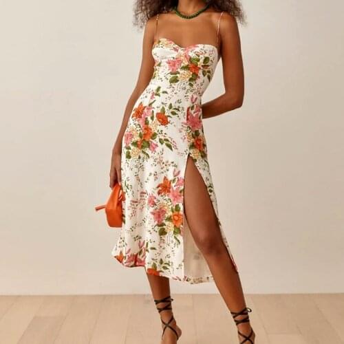 GypsyLady Flower Printed Midi Dress Vintage Boho Summer Holiday Women Dress Strappy Backless Split Sexy Party Ladies Dresses