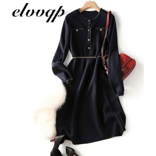 Knitted Long Sleeve Dress Women 2020 Slim Bodycon Autumn Korean Elegant Fall Winter Button O Neck Sweater Midi Ribbed Dress