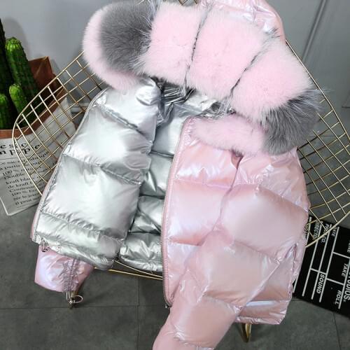 Winter Large Artificial Fur Collar Hooded Thick Coat Warm Double-Sided Wear Women Cropped Jacket Glossy Loose Down Jacket