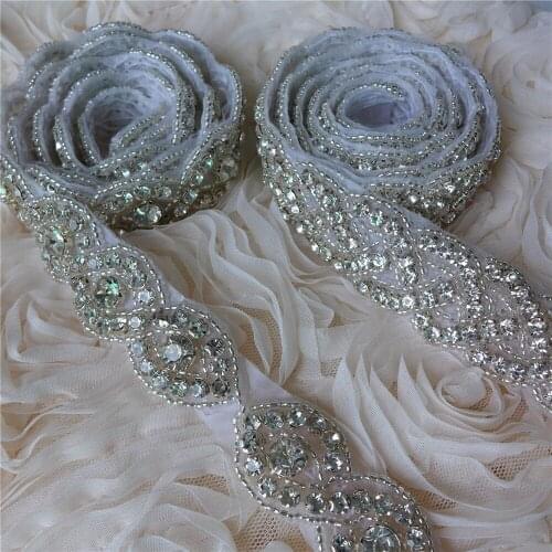 1 Yard Beaded Rhinestone Trim Iron On Crystal Applique Trim For Wedding Dress Sash Belt Free Shipping