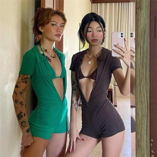 2021 Summer TimeTurn Down Collar Zipper Short Sleeve Playsuit Women Summer Sexy Short Rompers Slim Beach Bodysuit Sportswear